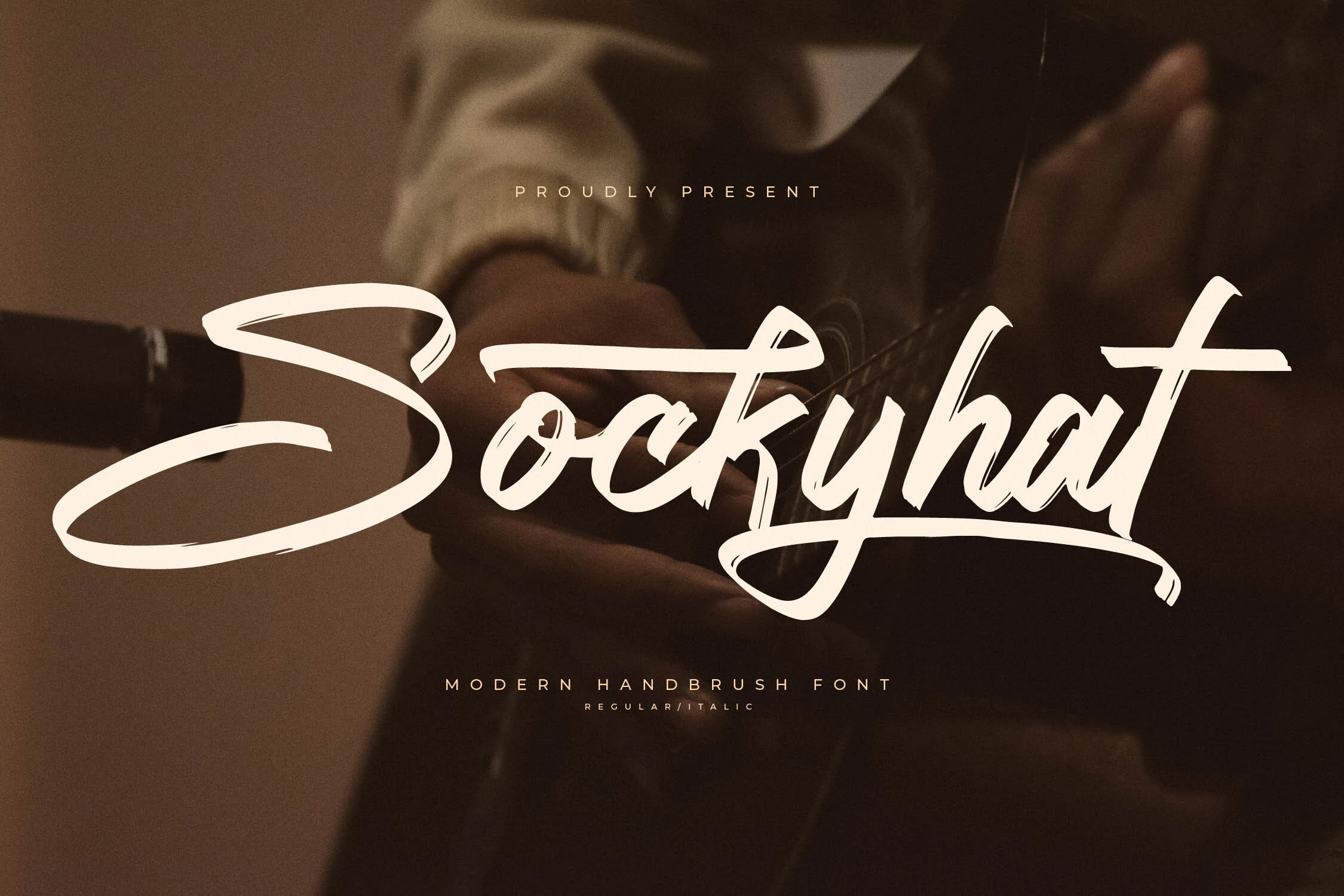 Sockyhat Font preview in bold white brush script with rough edges, a sweeping capital S, and an underlined final stroke
