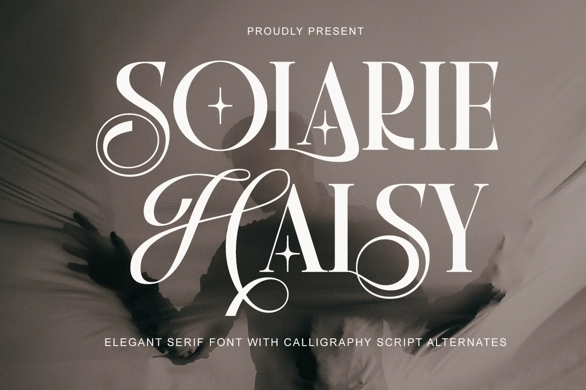 Solarie Halsy Font preview with high-contrast serif letters and looping calligraphy alternates