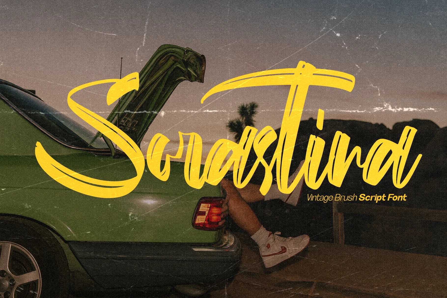 Sorastina Font yellow retro brush script with bold swashes