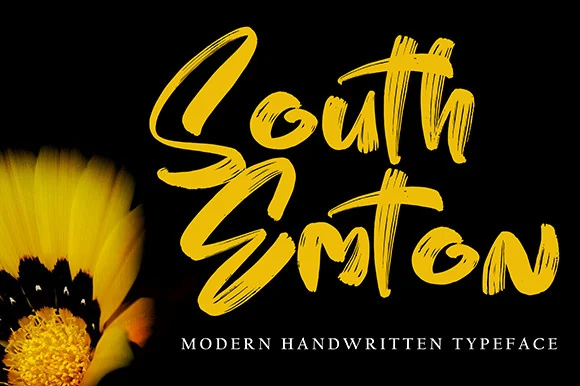 South Emton Font preview with yellow thick brush-script lettering, rough bristle texture, and loose handwritten strokes