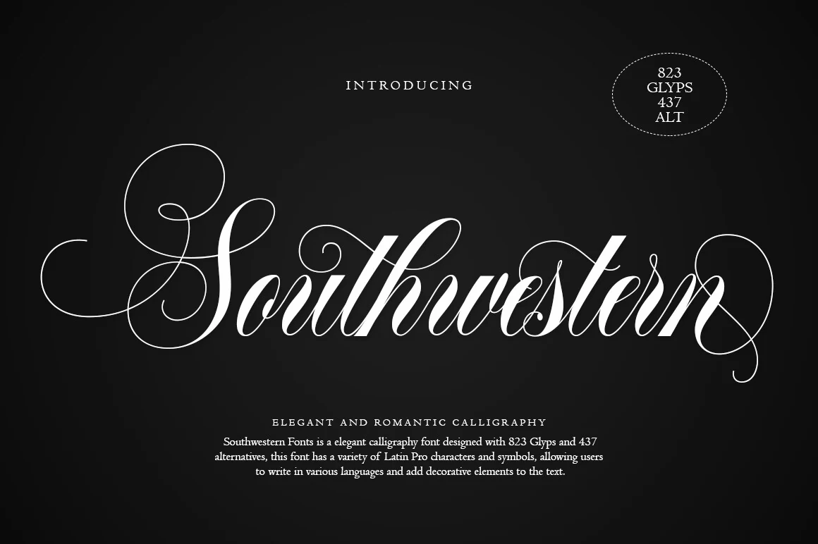 Southwestern Font preview with elegant high-contrast calligraphy and long looping swashes