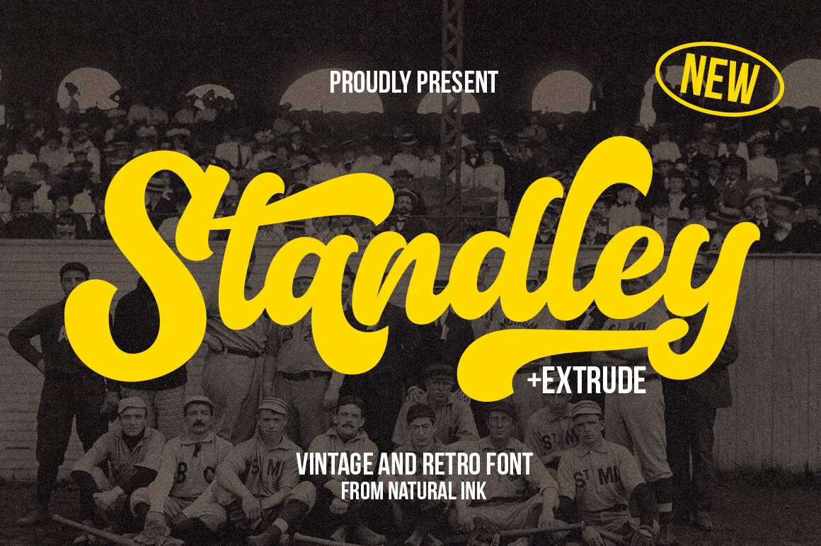 Standley Font preview in bold yellow retro script with thick rounded strokes and long swashes