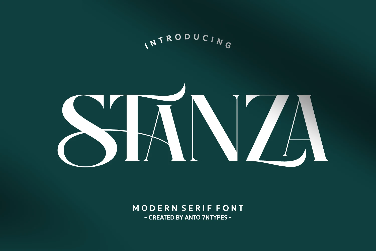 Stanza Font preview with white high-contrast serif capitals and dramatic swashes on a deep teal background