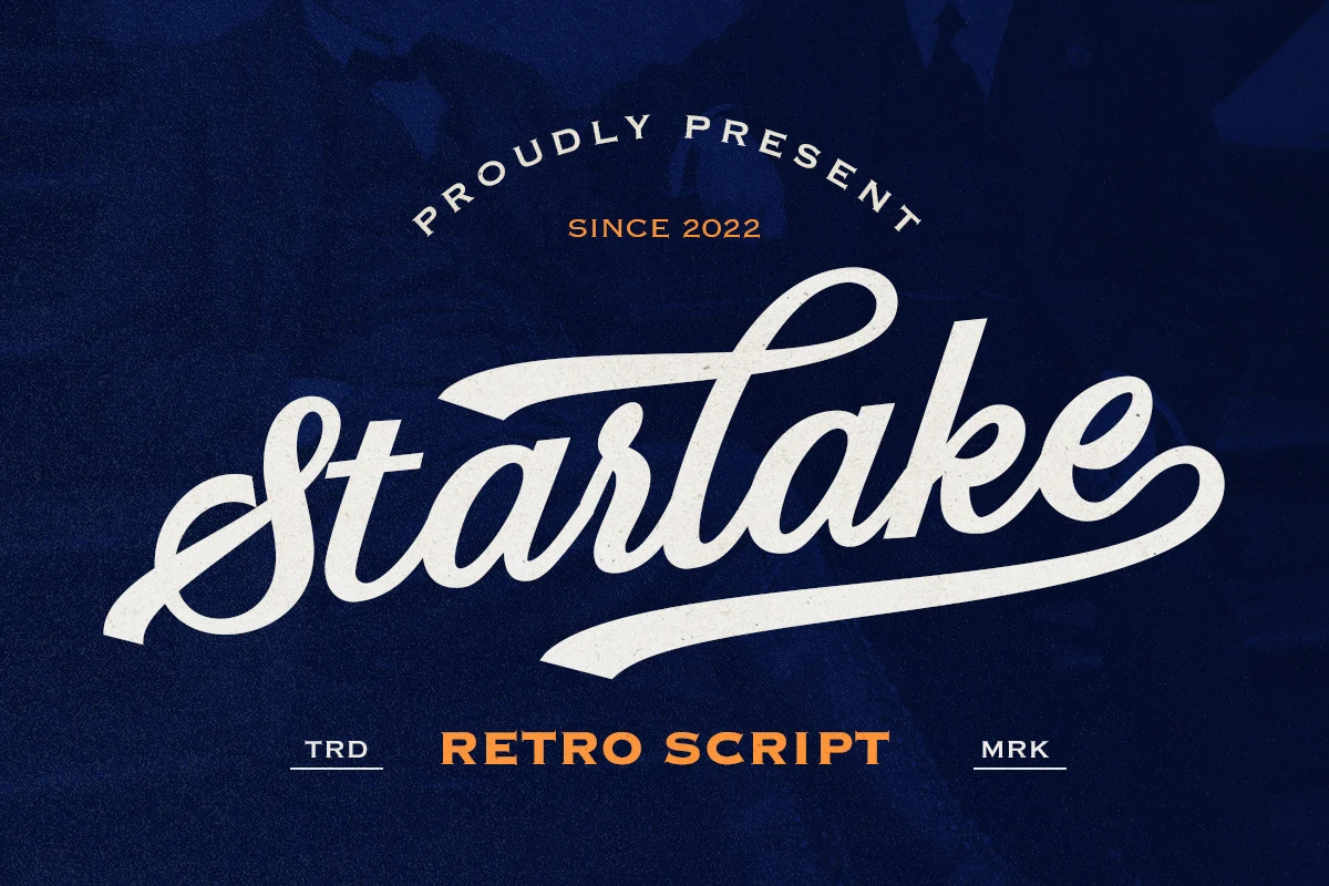 Starlake - Retro Script Font preview with white slanted script lettering, textured fill, and long underline swash