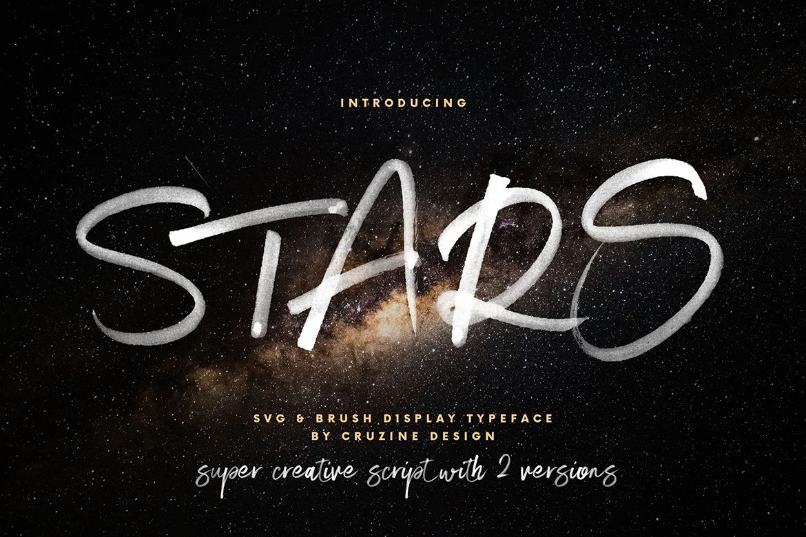 Stars Font preview with large white brush script lettering and textured strokes