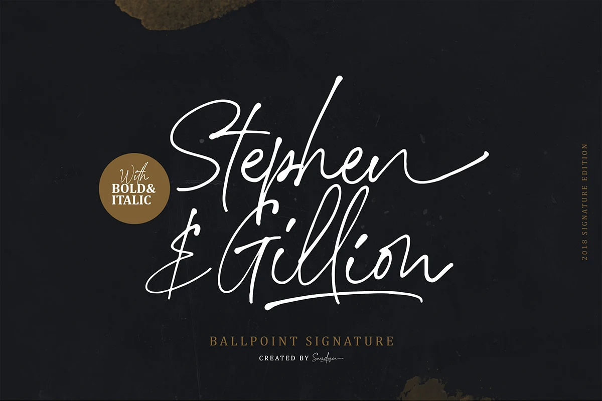 Stephen & Gillion Font preview with white ballpoint signature script, looping capitals, and long underline strokes