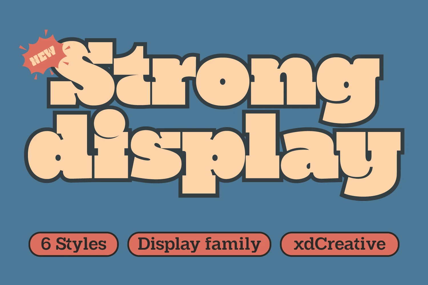 Strong Display Font preview with chunky cream slab-style lettering and a dark outline
