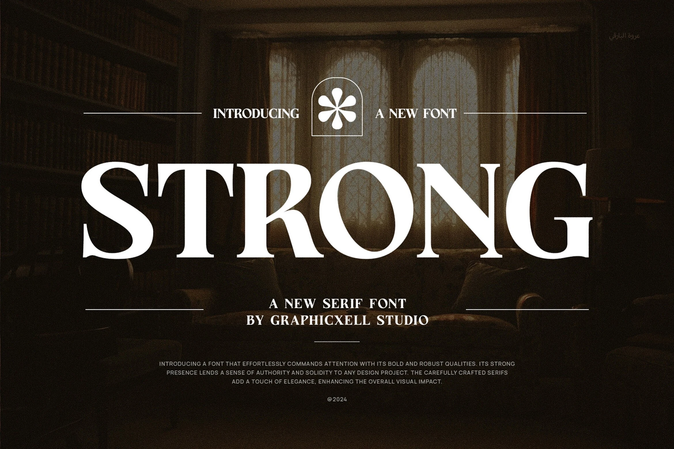 Strong Font preview with bold white classic serif lettering and a refined editorial look