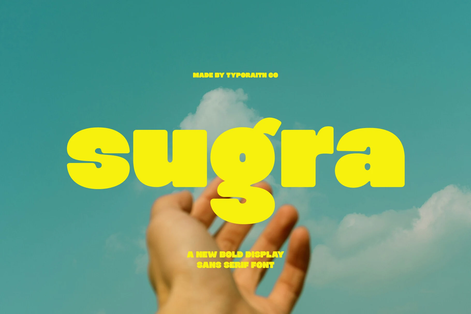 Sugra Font preview with chunky rounded yellow sans serif lettering