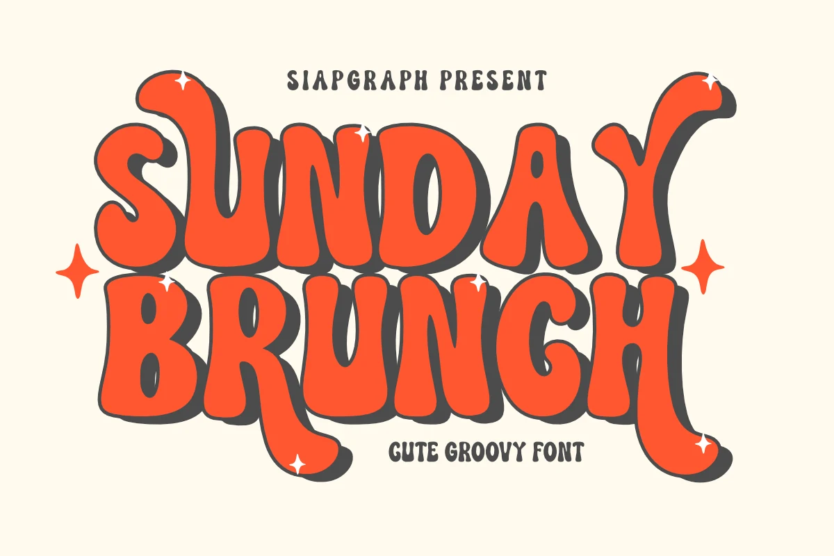 Sunday Brunch Font preview in bold orange groovy bubble lettering with dark shadow