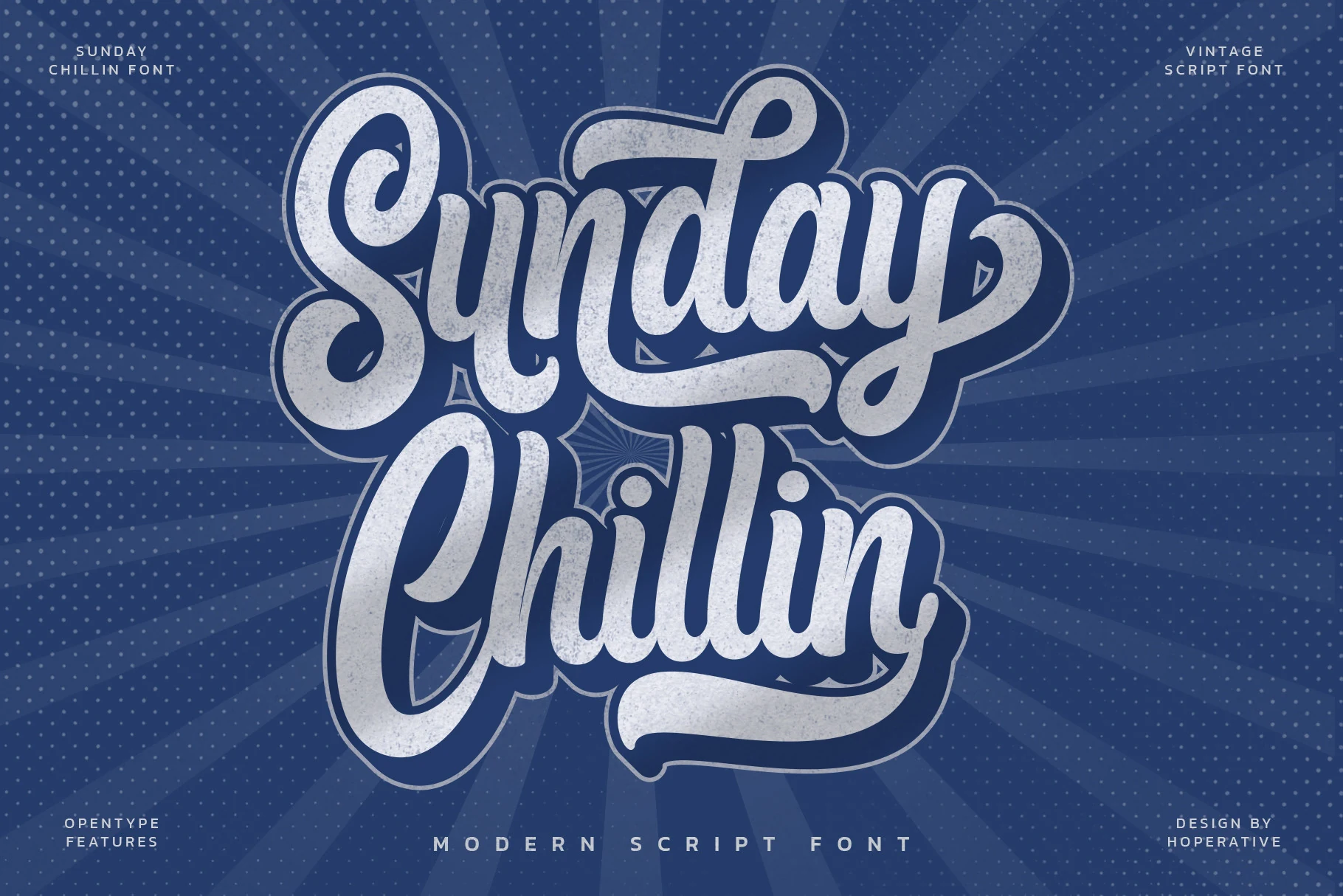 Sunday Chillin Font preview with bold retro script lettering, outline shadow, and textured fill