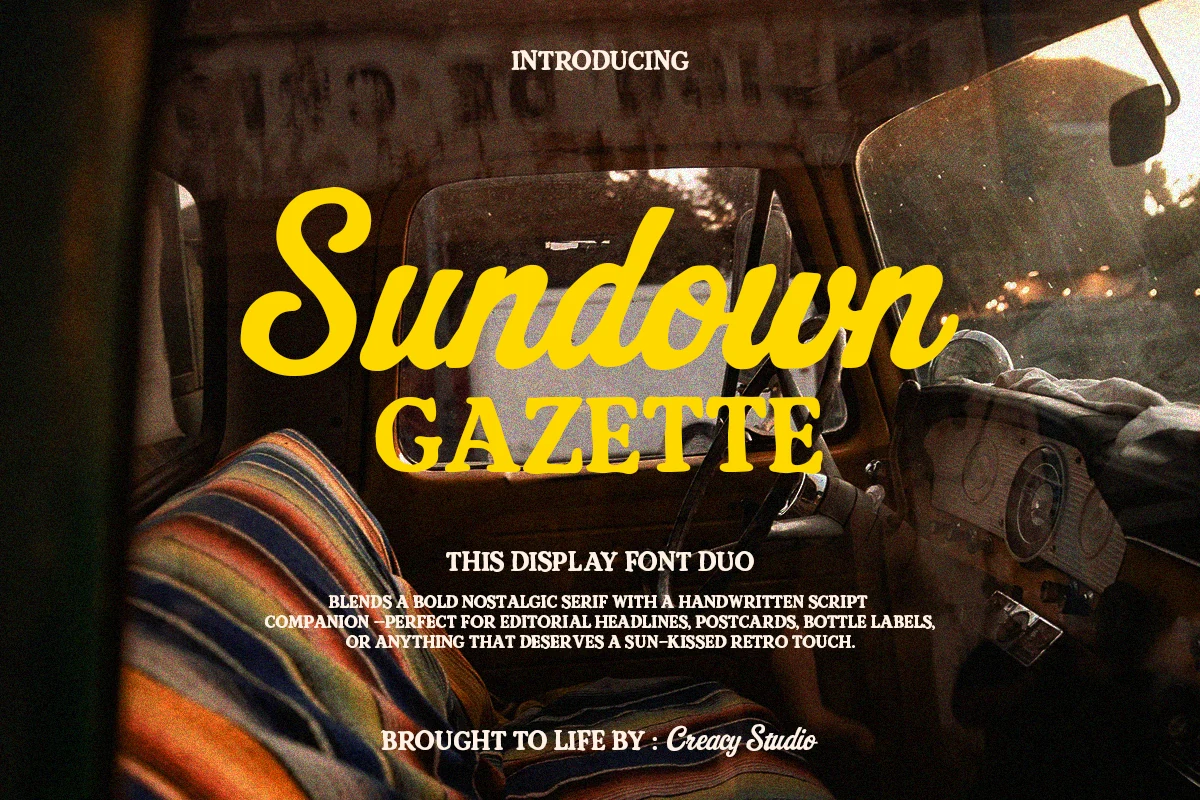 Sundown Gazette Duo Font preview with bold yellow script and vintage serif lettering