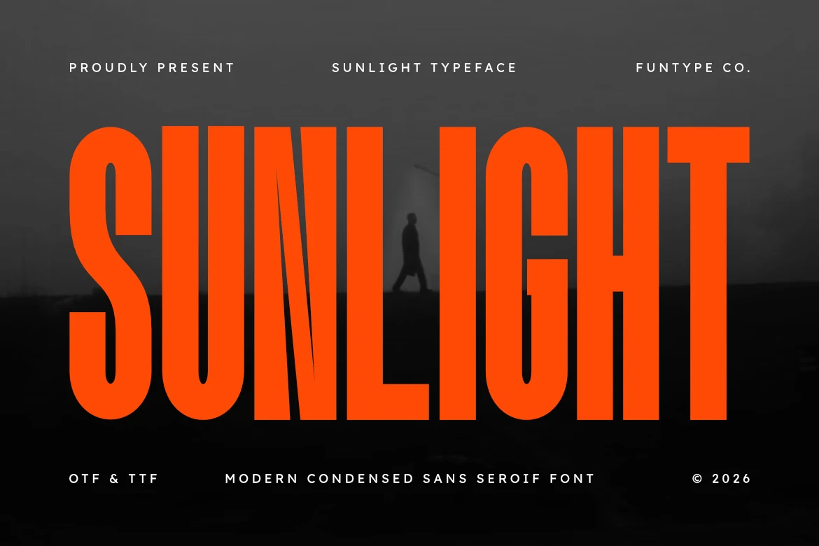 Sunlight Font preview with ultra-condensed bold orange uppercase lettering
