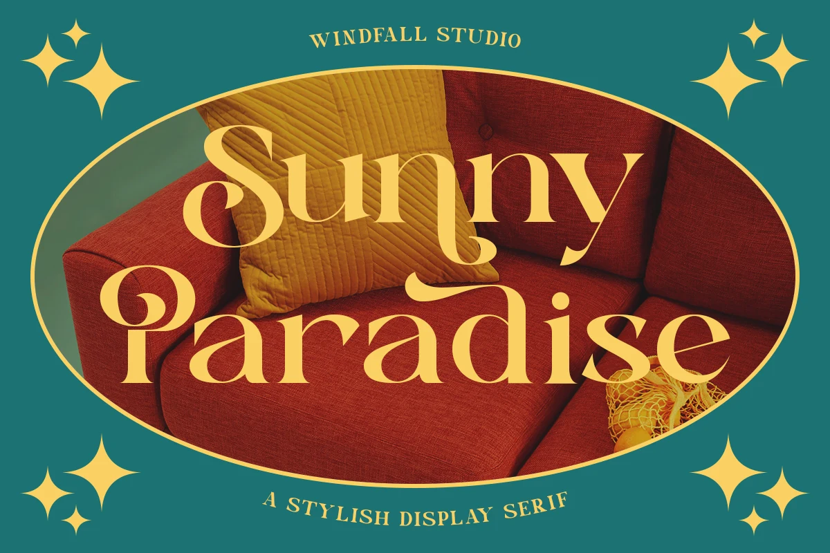 Sunny Paradise Font preview with retro display serif lettering, flowing curves, and warm golden text