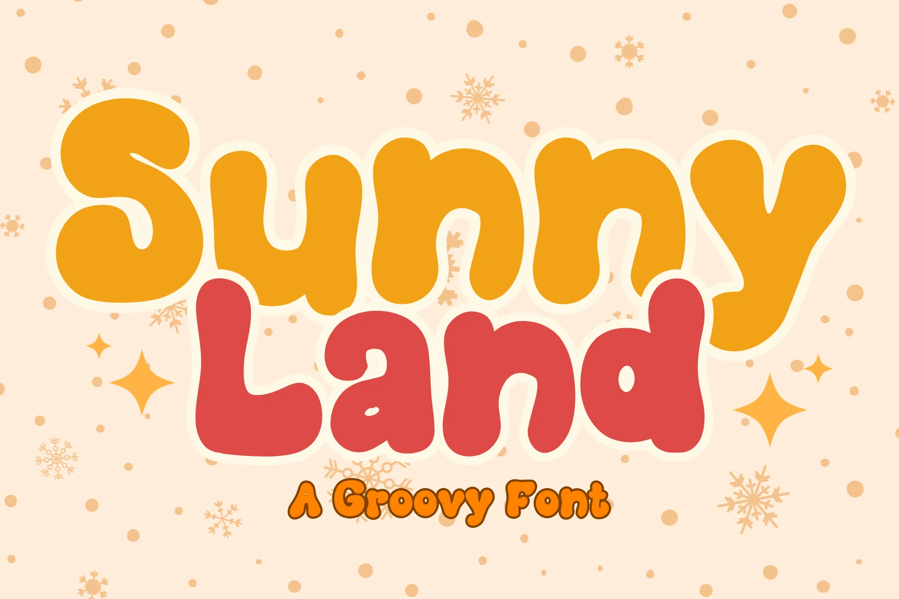 Sunnyland Font preview in chunky rounded yellow and red groovy lettering