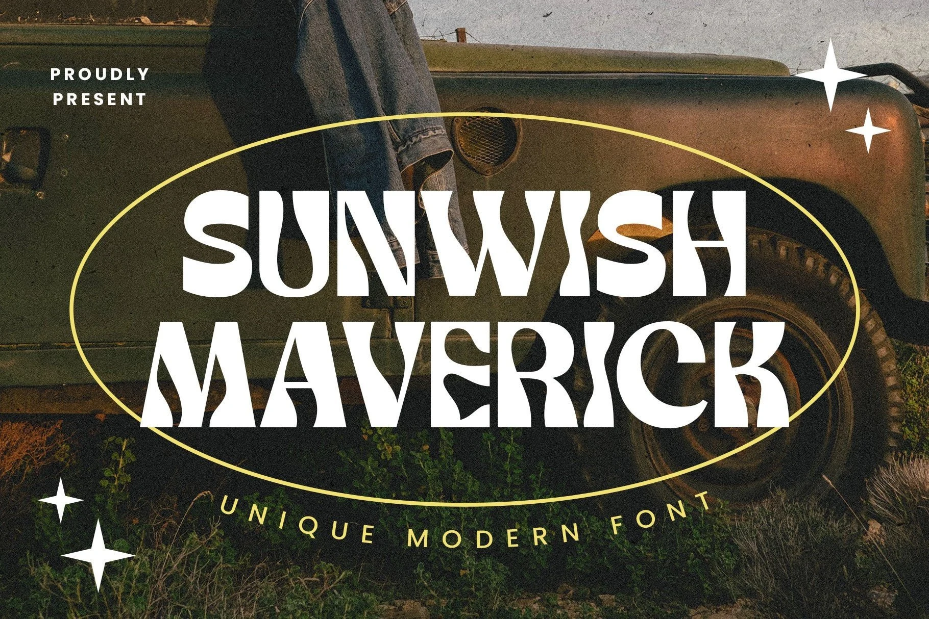 Sunwish Maverick Font preview with white psychedelic display lettering and playful thick-thin vintage curves