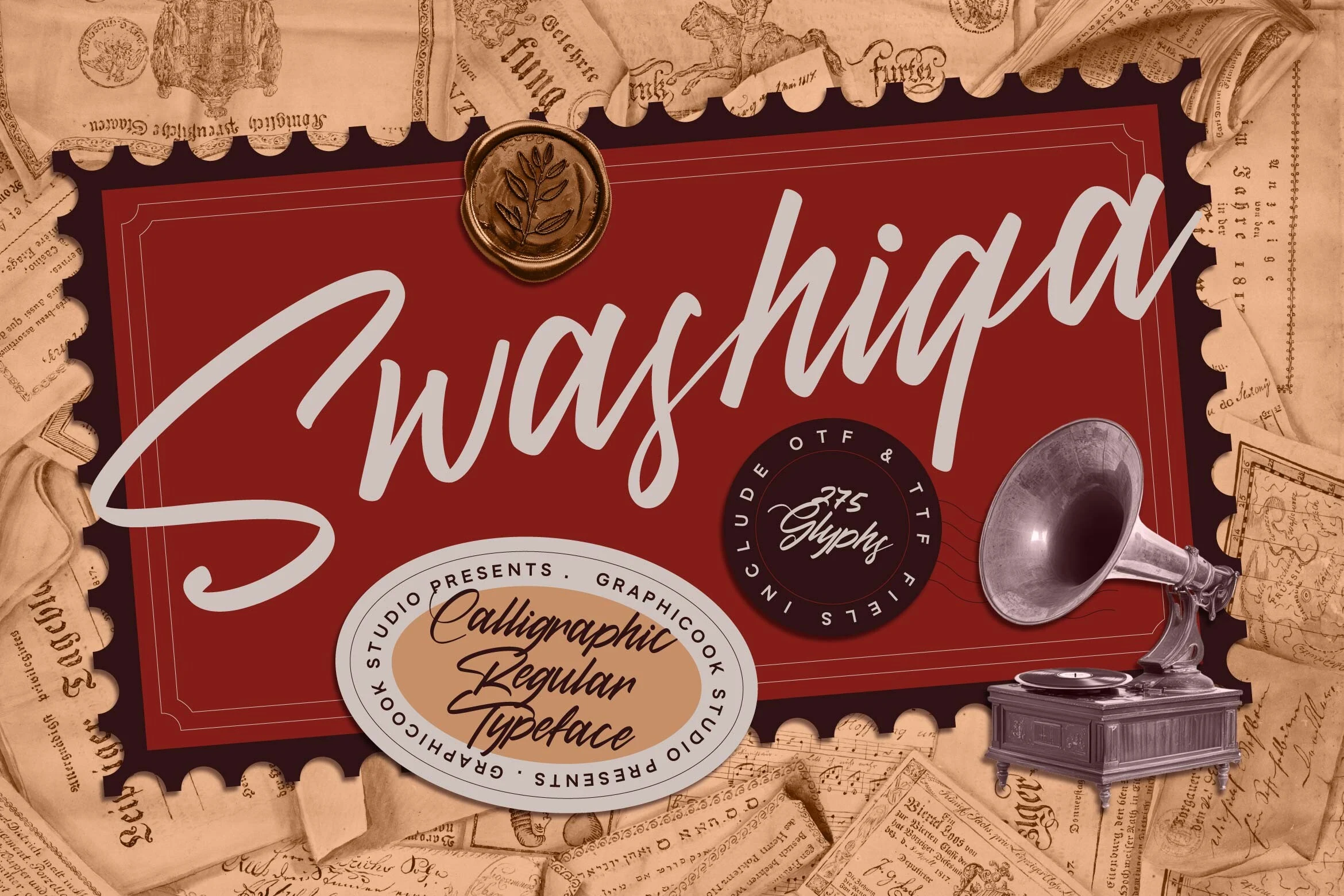 Swashiqa Font preview in smooth slanted vintage script with a sweeping capital S