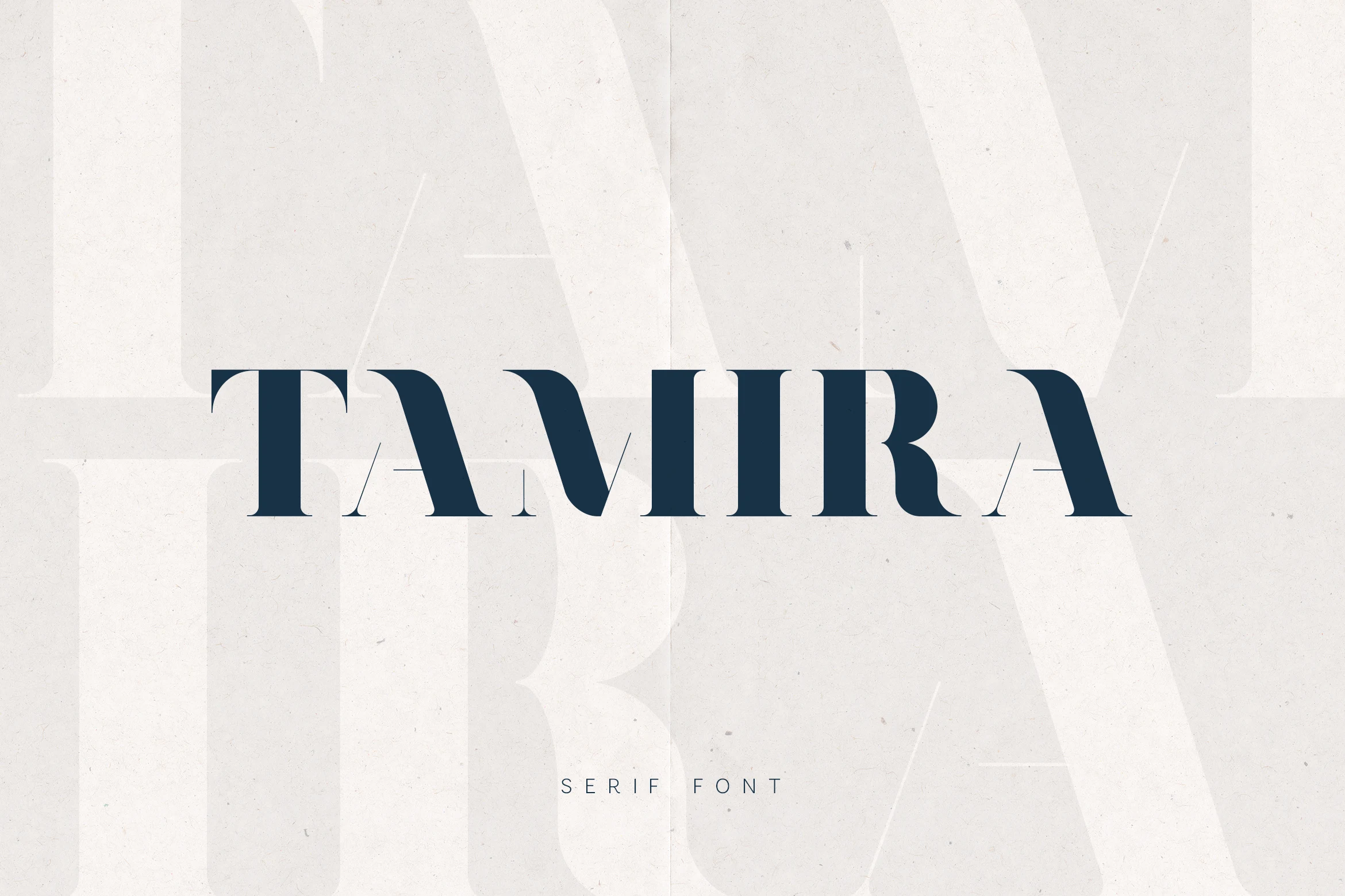 Tamira Font preview in dark blue high-contrast serif capitals with sharp thin details
