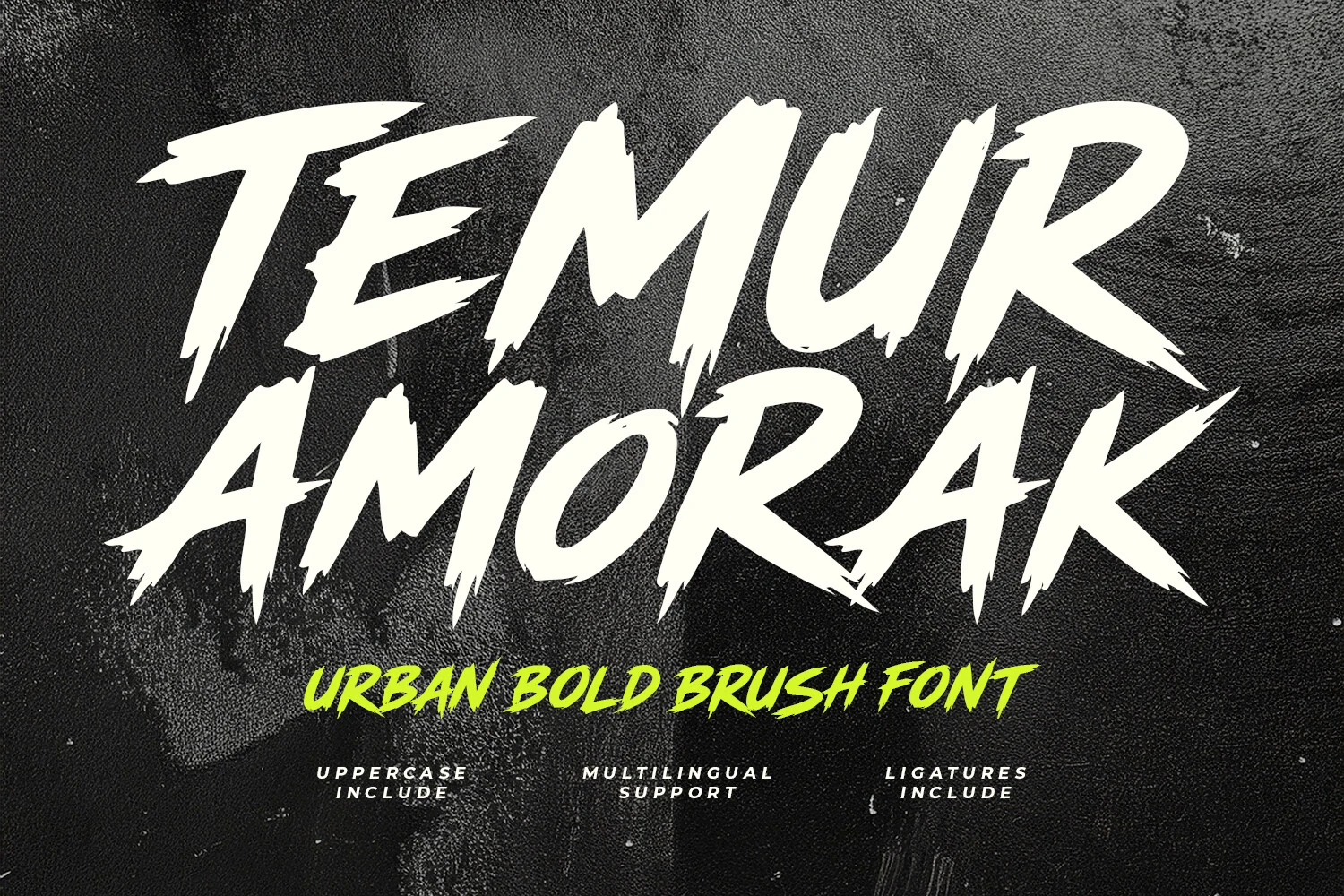 Temur Amorak Urban Bold Brush Font preview with jagged white uppercase brush lettering and sharp dry strokes