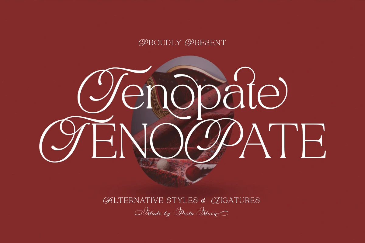Tenopate Font preview with elegant high-contrast serif lettering and sweeping calligraphic swashes