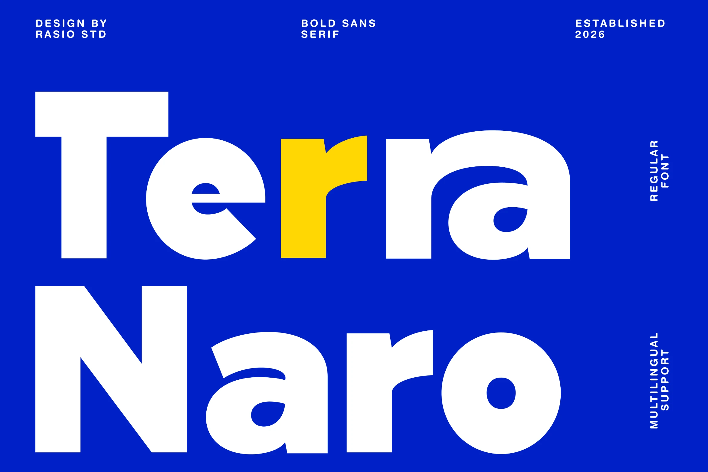 Terra Naro Font preview with bold rounded sans serif lettering in blue and yellow