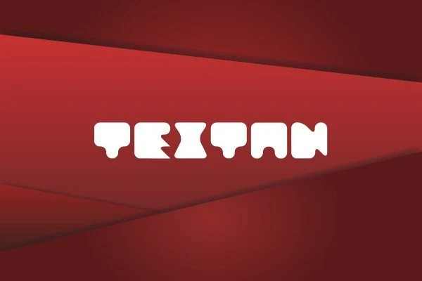 Textan Font preview with chunky white rounded display letters on a red background