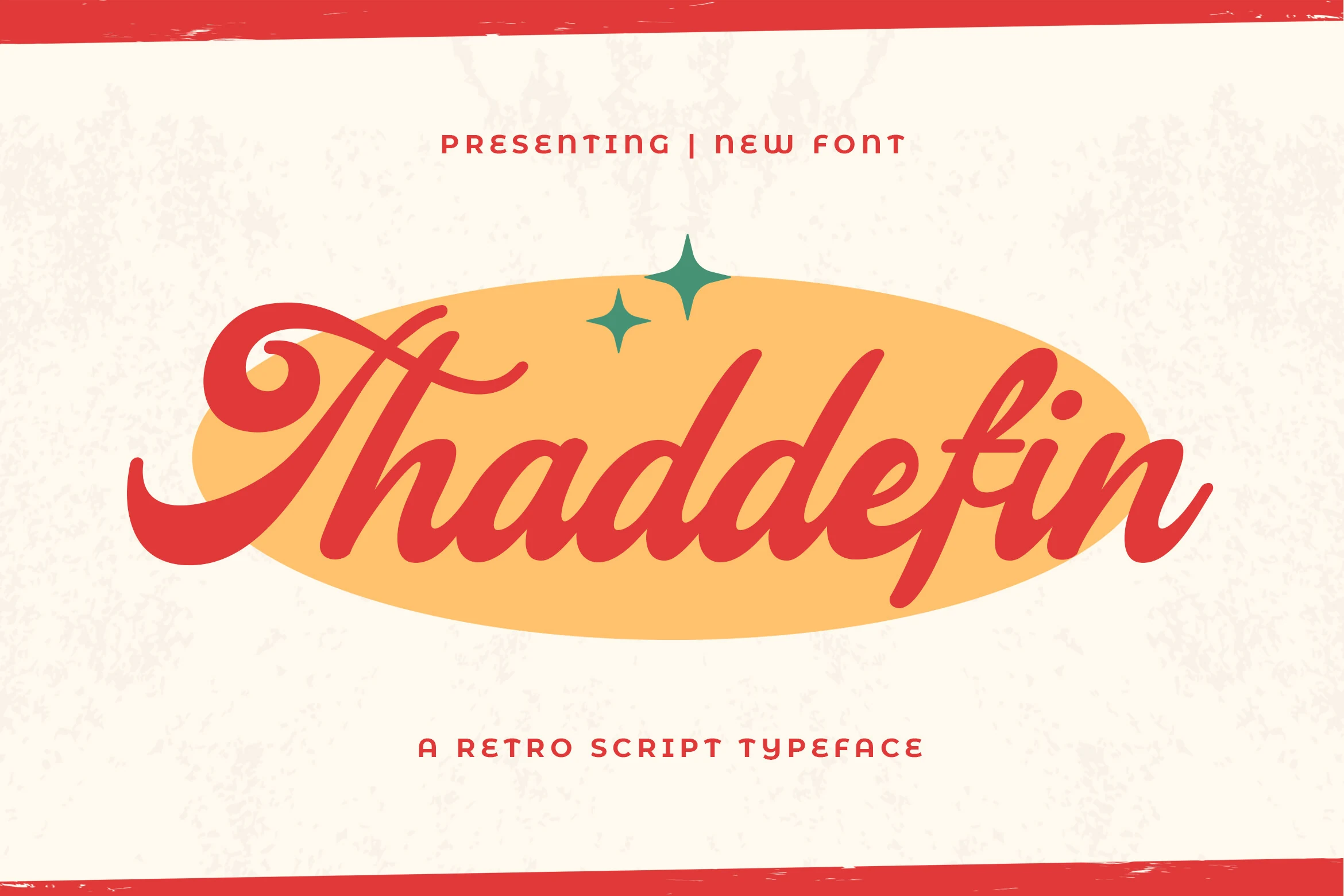 Thaddefin Font preview with red retro script lettering, sweeping capital, and long curved tail