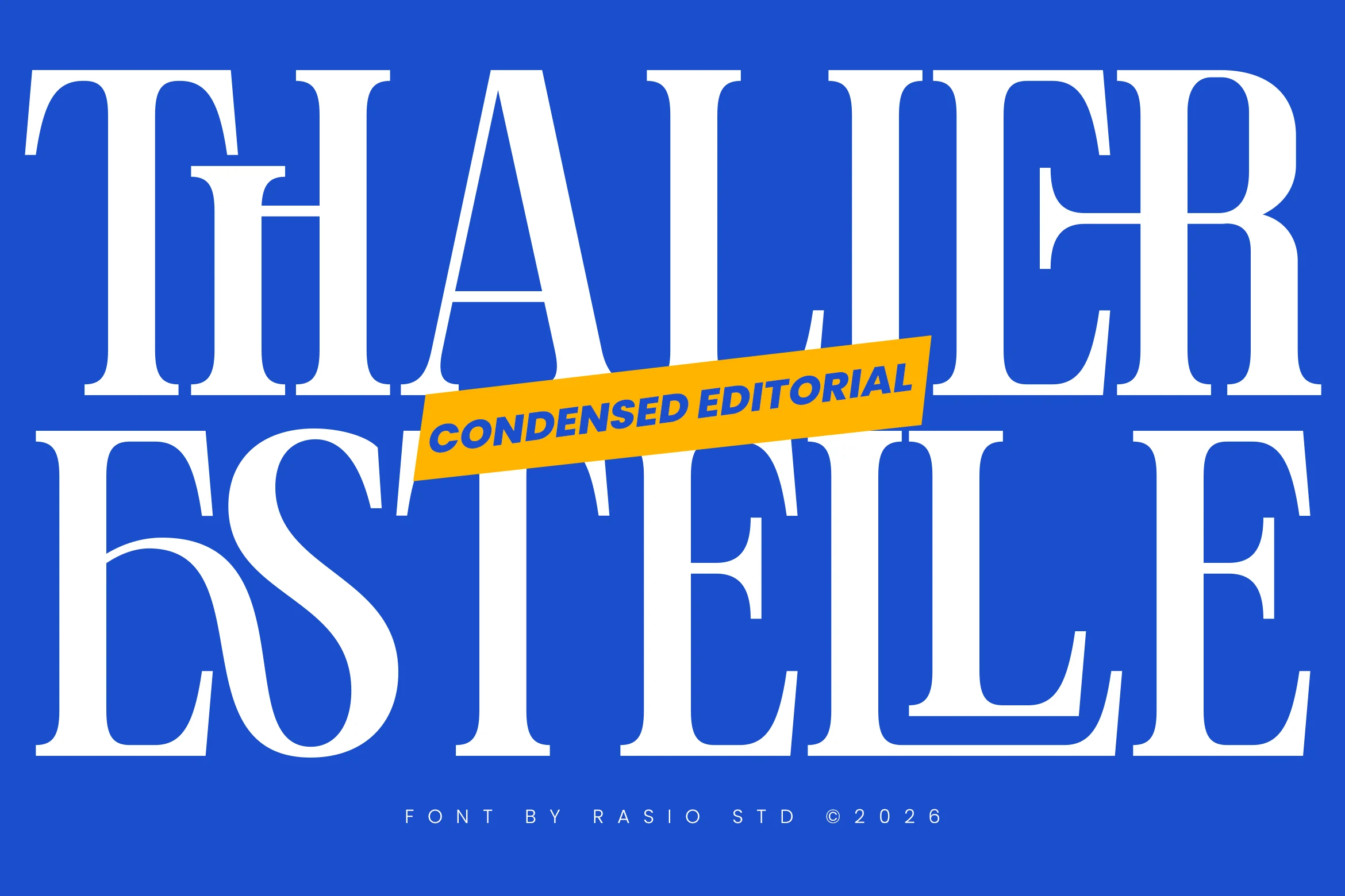 Thalier Estelle Font preview with tall white condensed serif lettering on a blue background