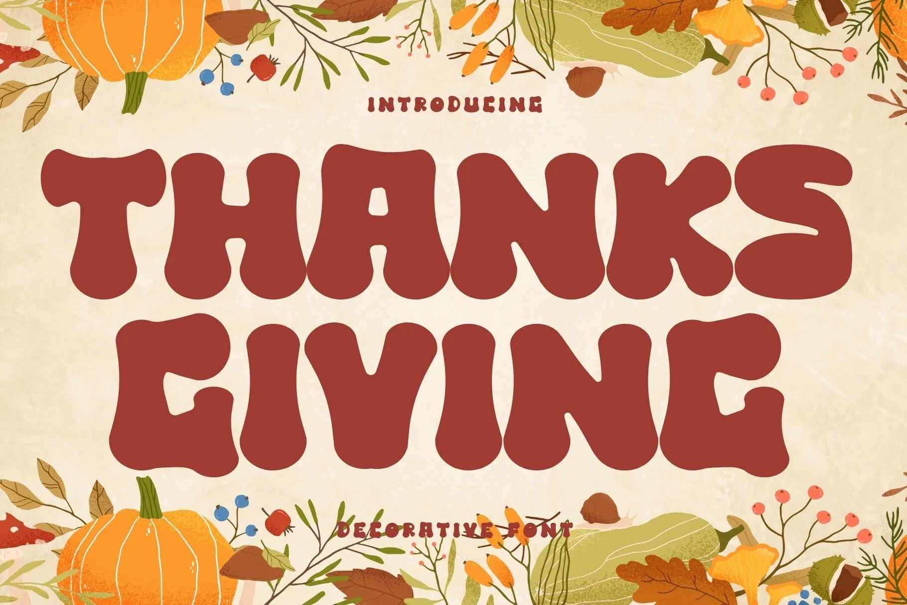 Thanksgiving Font preview with bold rounded retro lettering in a warm brown tone