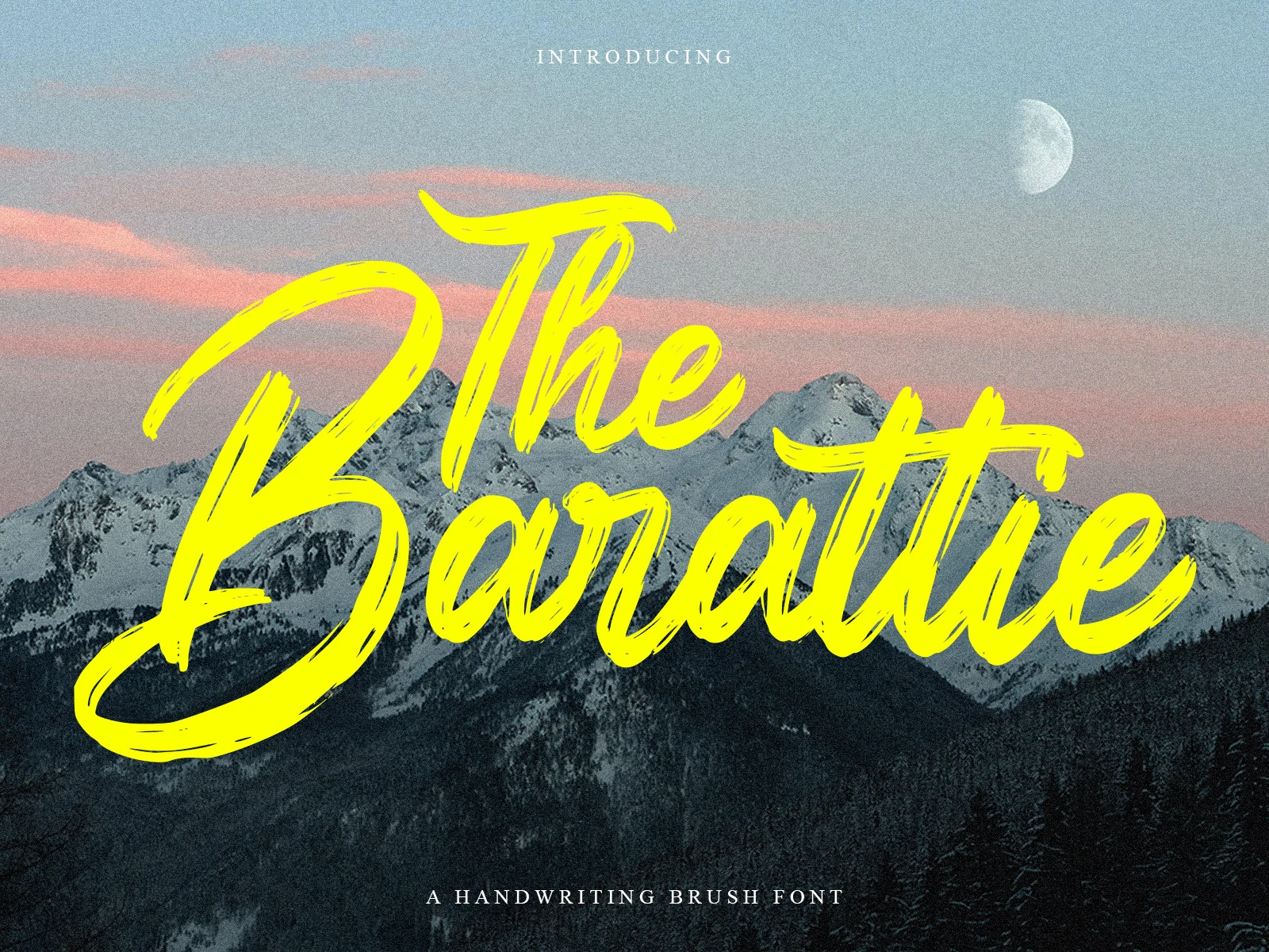The Barattie Font preview with bright yellow brush-script lettering, thick strokes, and dry painted texture