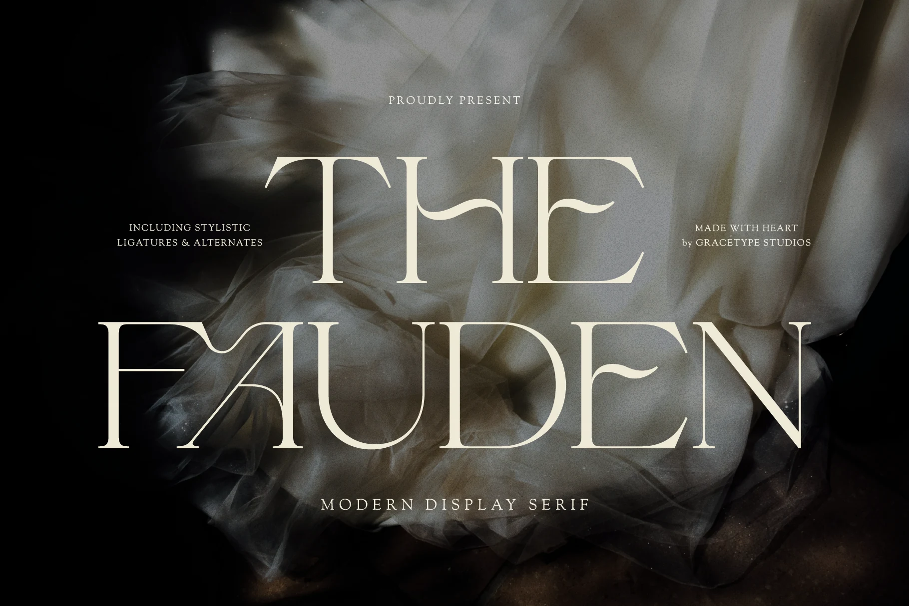 The Fauden Font preview with cream high-contrast display serif lettering and interlocking ligatures