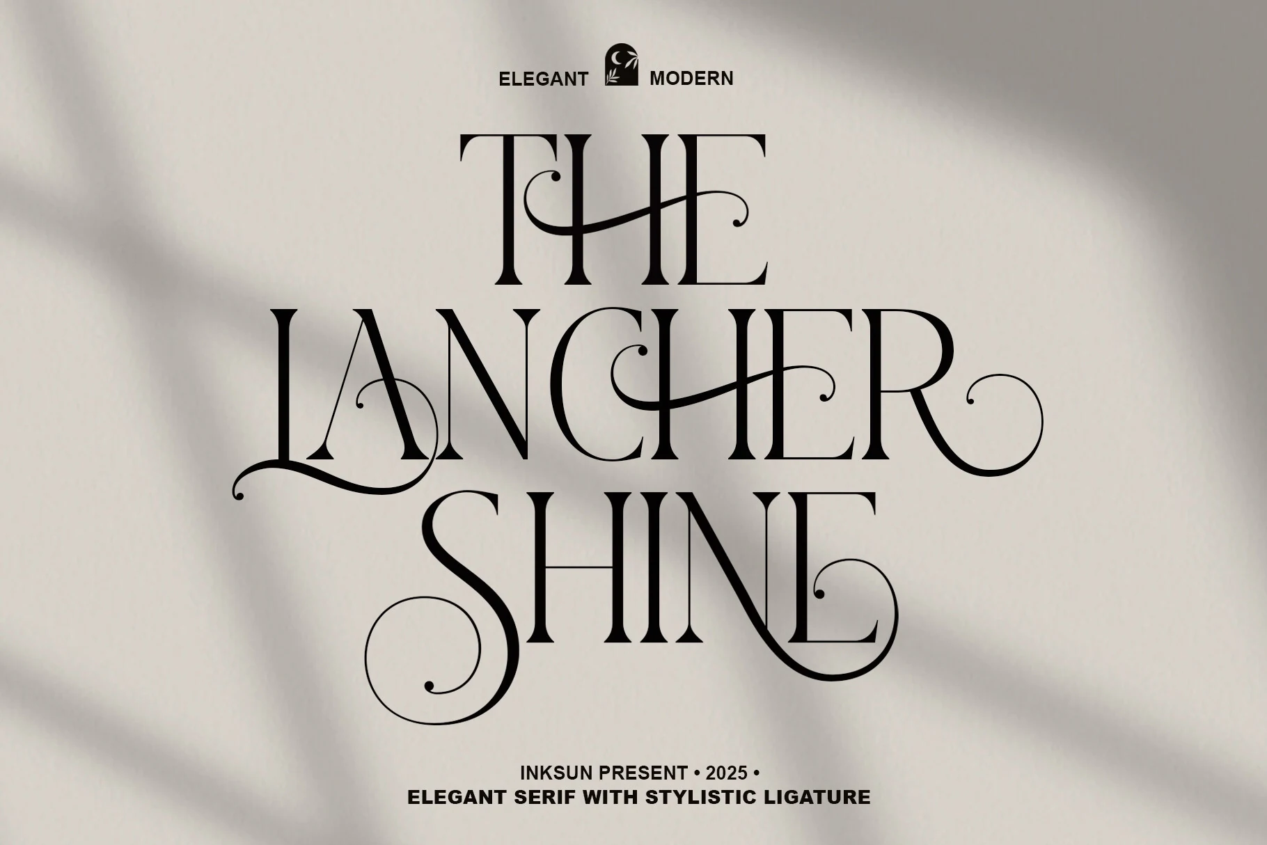 The Lancher Shine Font elegant serif preview with tall high-contrast letters and sweeping ornamental swashes