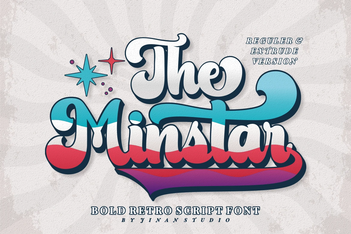 The Minstar Font preview in bold retro script with rounded swashes and layered blue red lettering