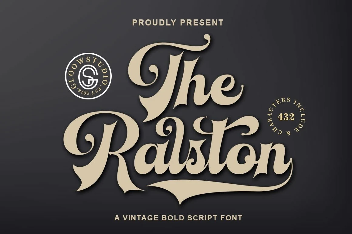 The Ralston Font preview with bold vintage script lettering and curled swashes
