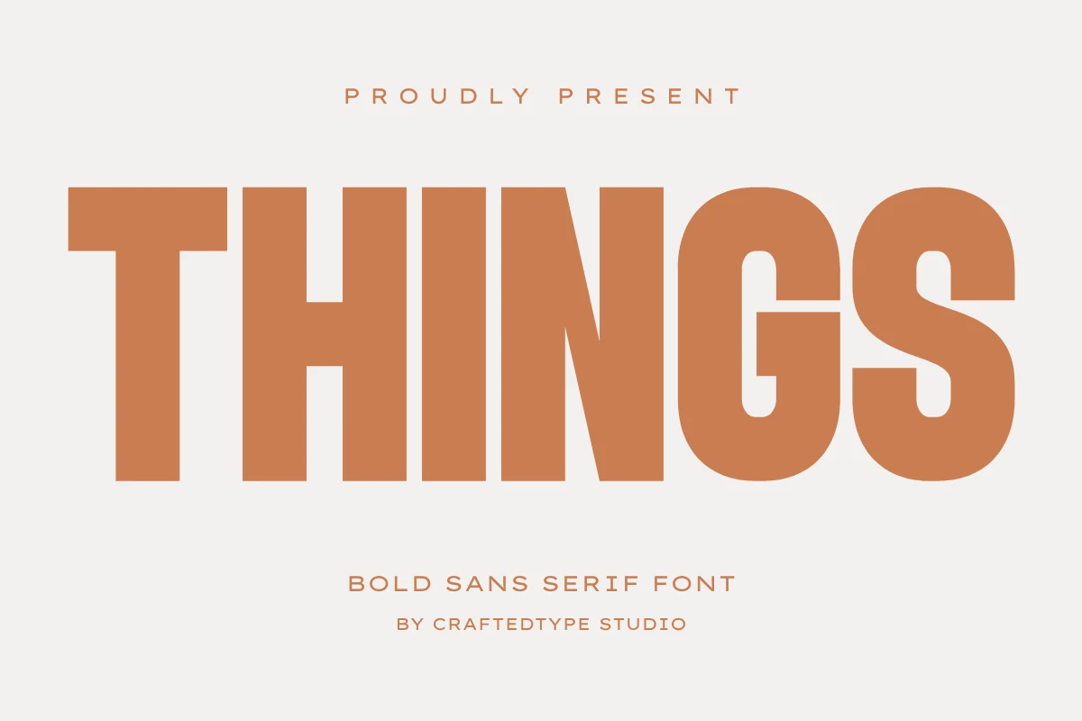 Things Font preview in warm brown bold sans serif capitals
