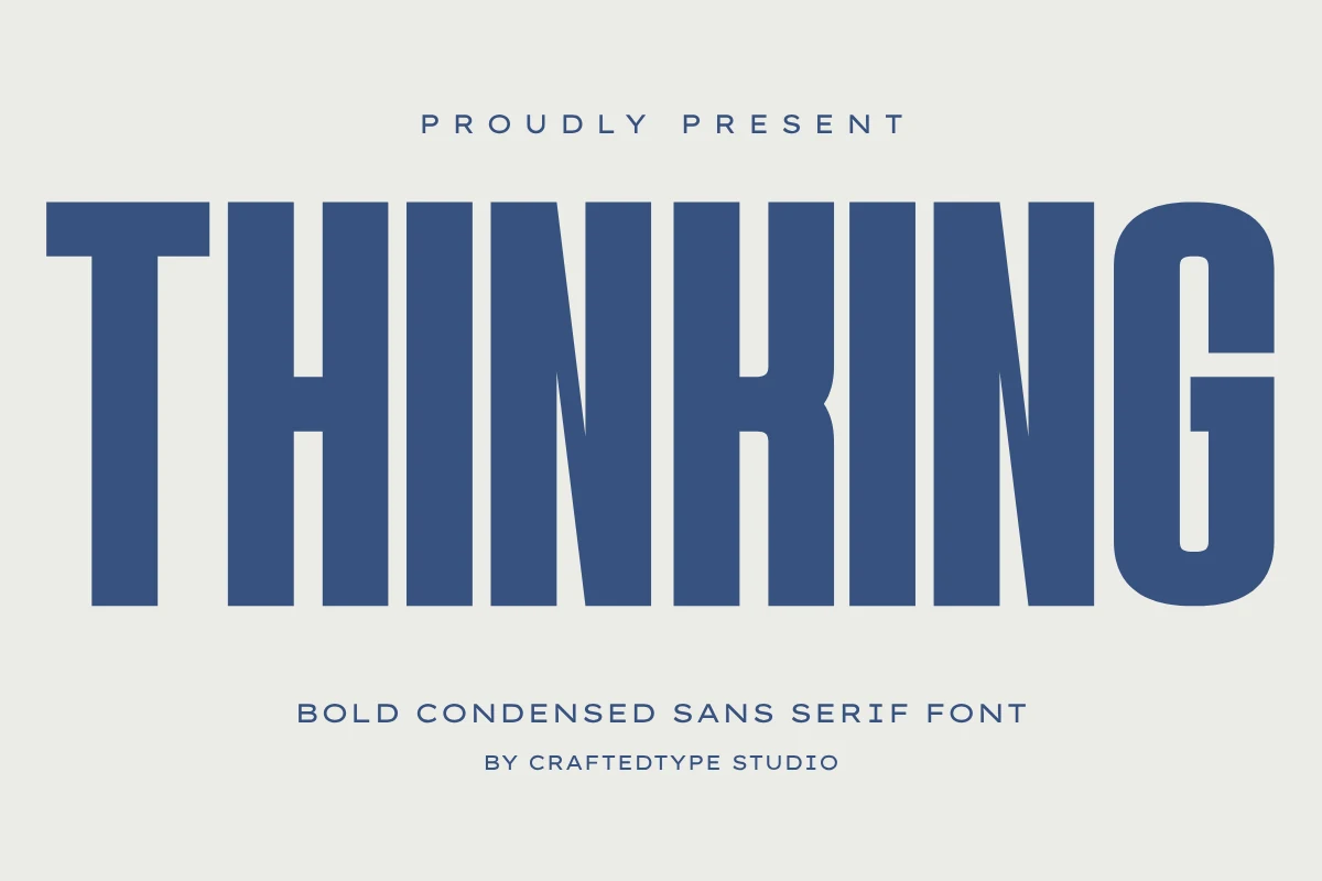 Thinking Font preview with bold condensed blue uppercase lettering