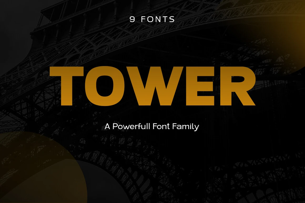 Tower Font preview with bold geometric sans serif lettering in golden orange