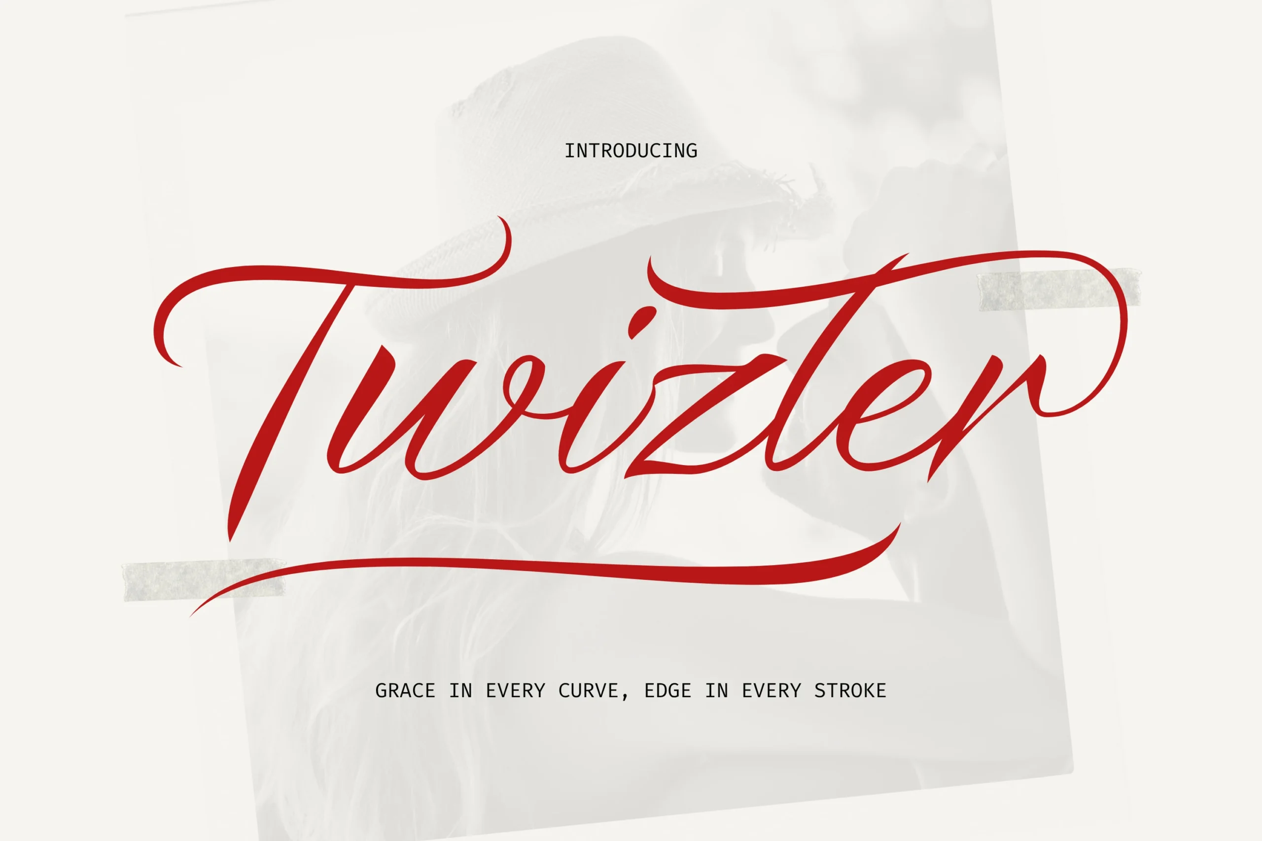 Twizler Font preview with red modern script lettering, sharp tapered strokes, and long swash flourishes