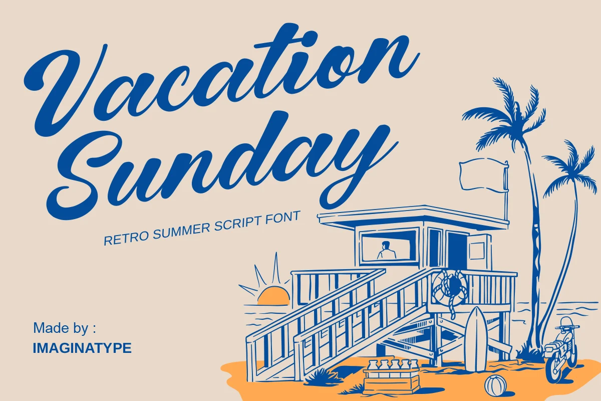 Vacation Sunday Font preview with bold blue retro script lettering, smooth curves, and summer postcard style