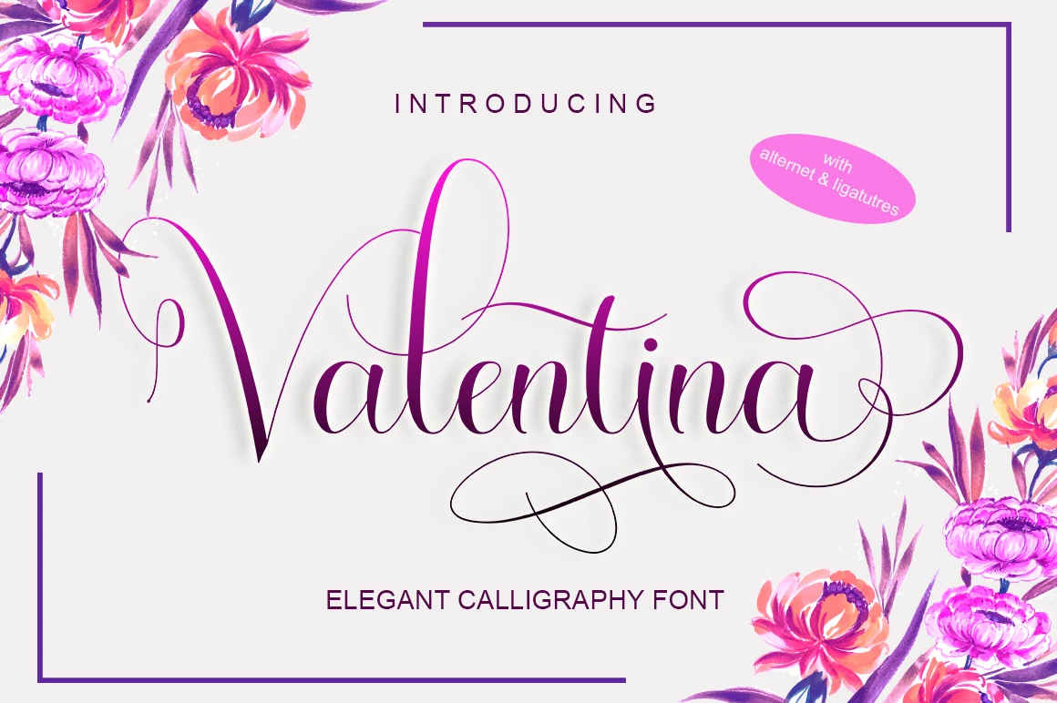 Valentina Font preview with purple elegant calligraphy, thin flourishes, and a tall looping capital V