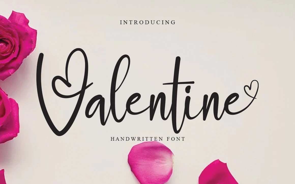 Valentine Font preview with rounded handwritten script, thick strokes, and heart accents