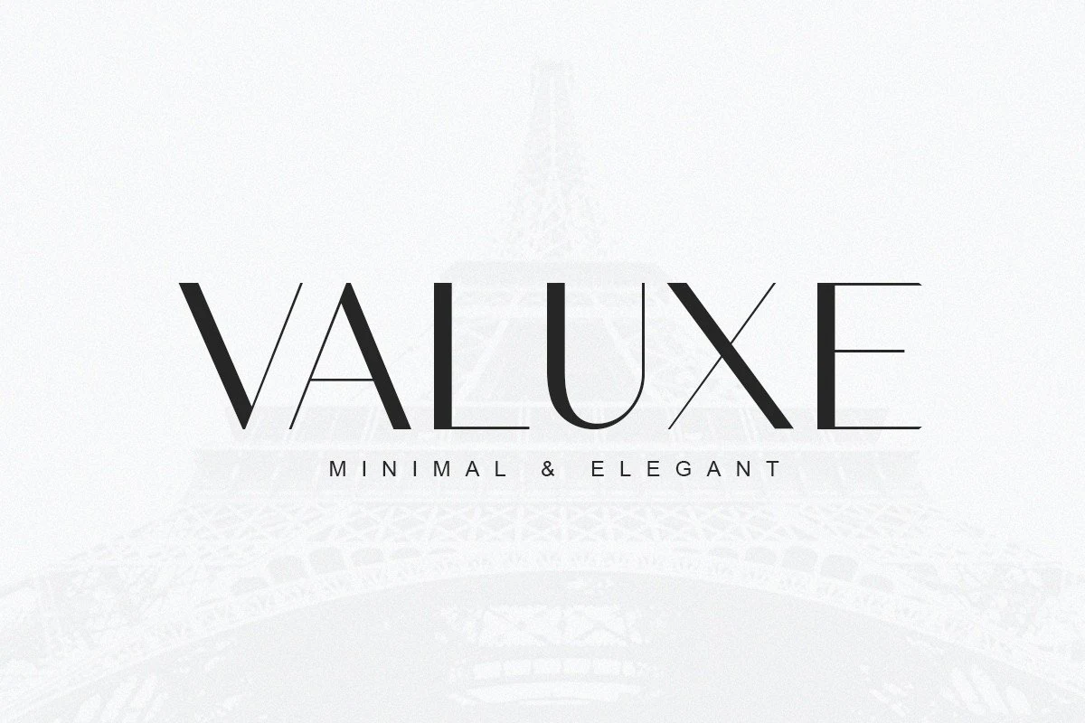 Valuxe Font preview with thin elegant minimalist sans serif lettering and sharp geometric lines