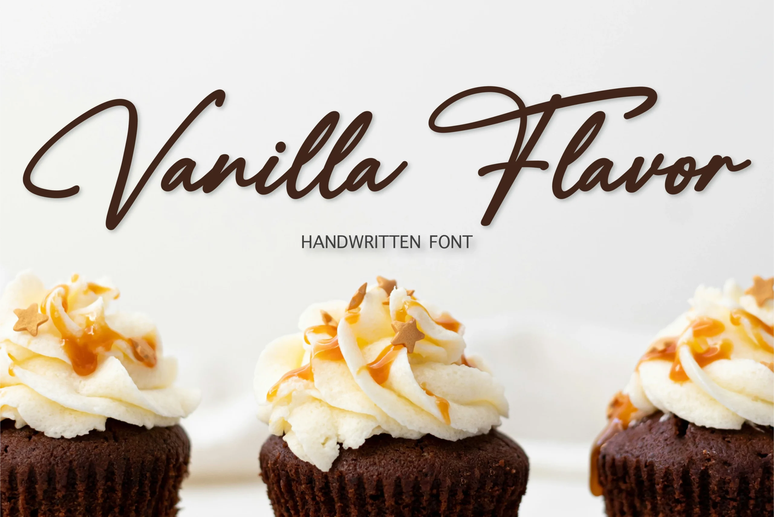 Vanilla Flavor Font preview with dark brown handwritten script, slanted strokes, and long sweeping capitals