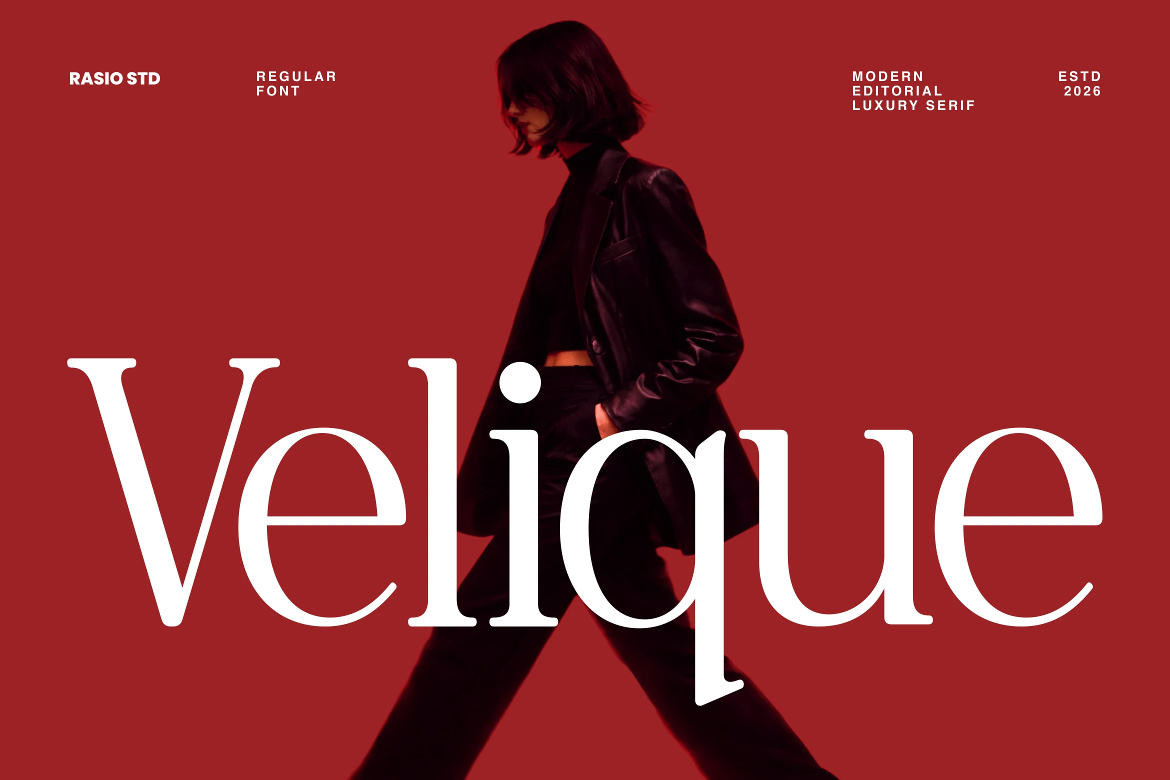 Velique Font preview with oversized white luxury serif lettering over a red fashion editorial image