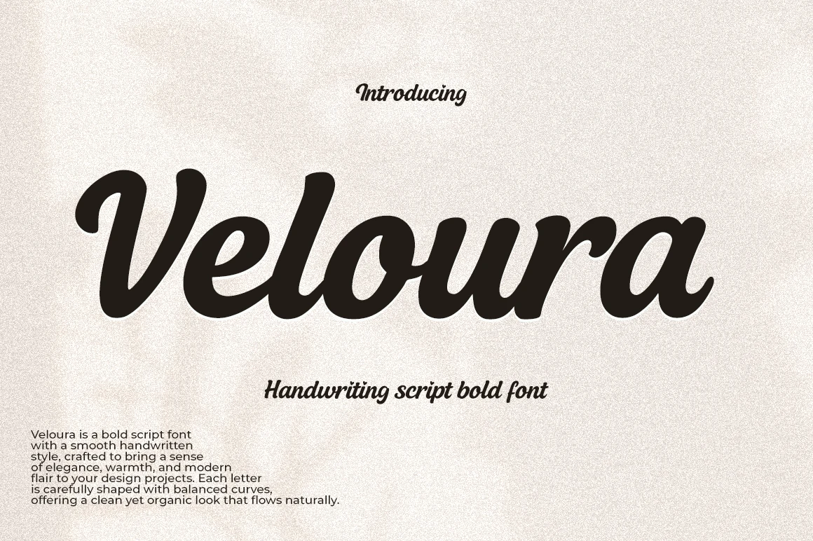 Veloura Font preview in bold black script lettering with rounded curves and smooth handwritten flow