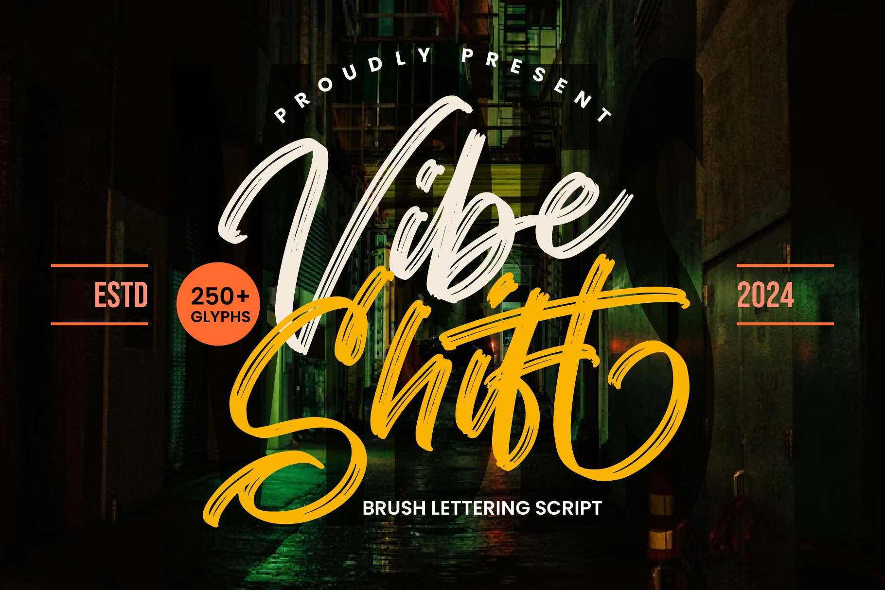 Vibe Shift Font preview with layered brush lettering, cream and yellow strokes, and rough street-style texture