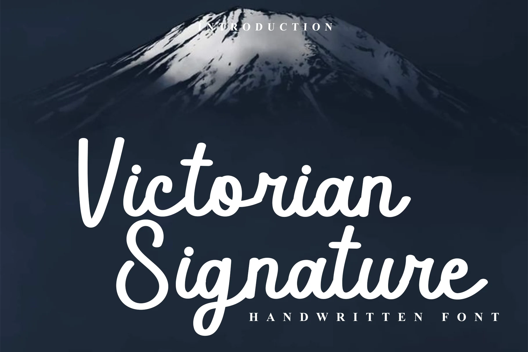 Victorian Signature Font preview with bold white handwritten script, rounded looping letters, and vintage cursive style