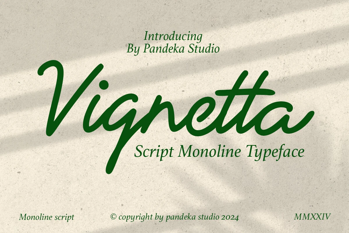 Vignetta Font preview in bold green monoline script with smooth connected letters