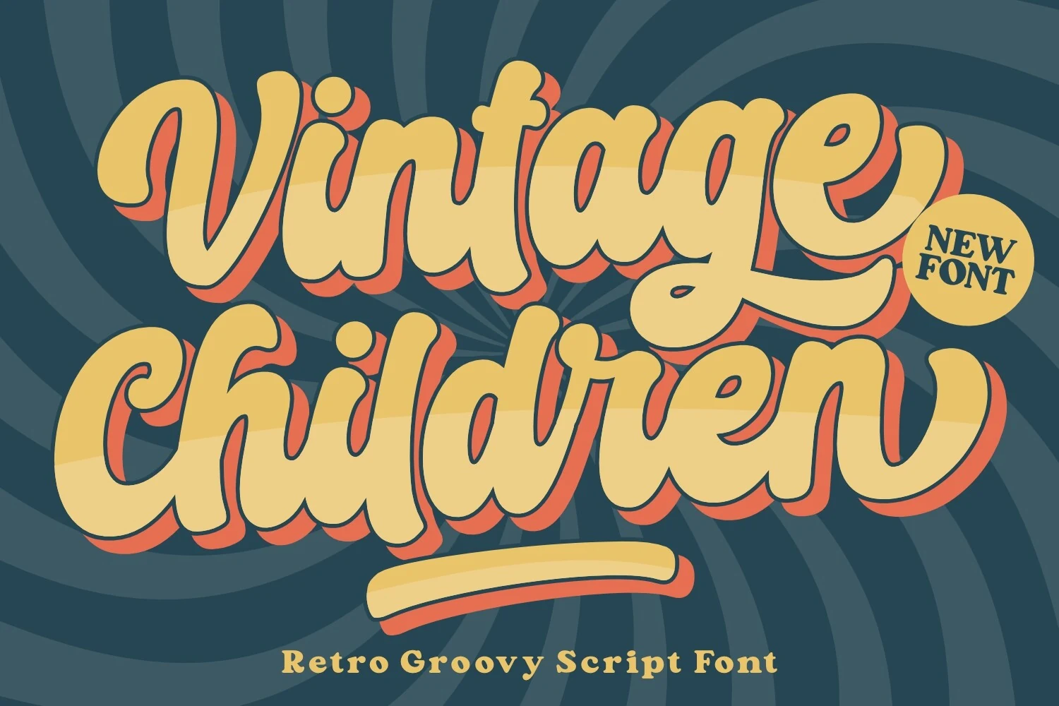 Vintage Children Font preview with chunky yellow retro script lettering and exaggerated curves