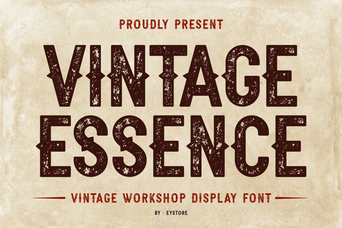Vintage Essence Font preview with distressed dark brown workshop-style uppercase lettering